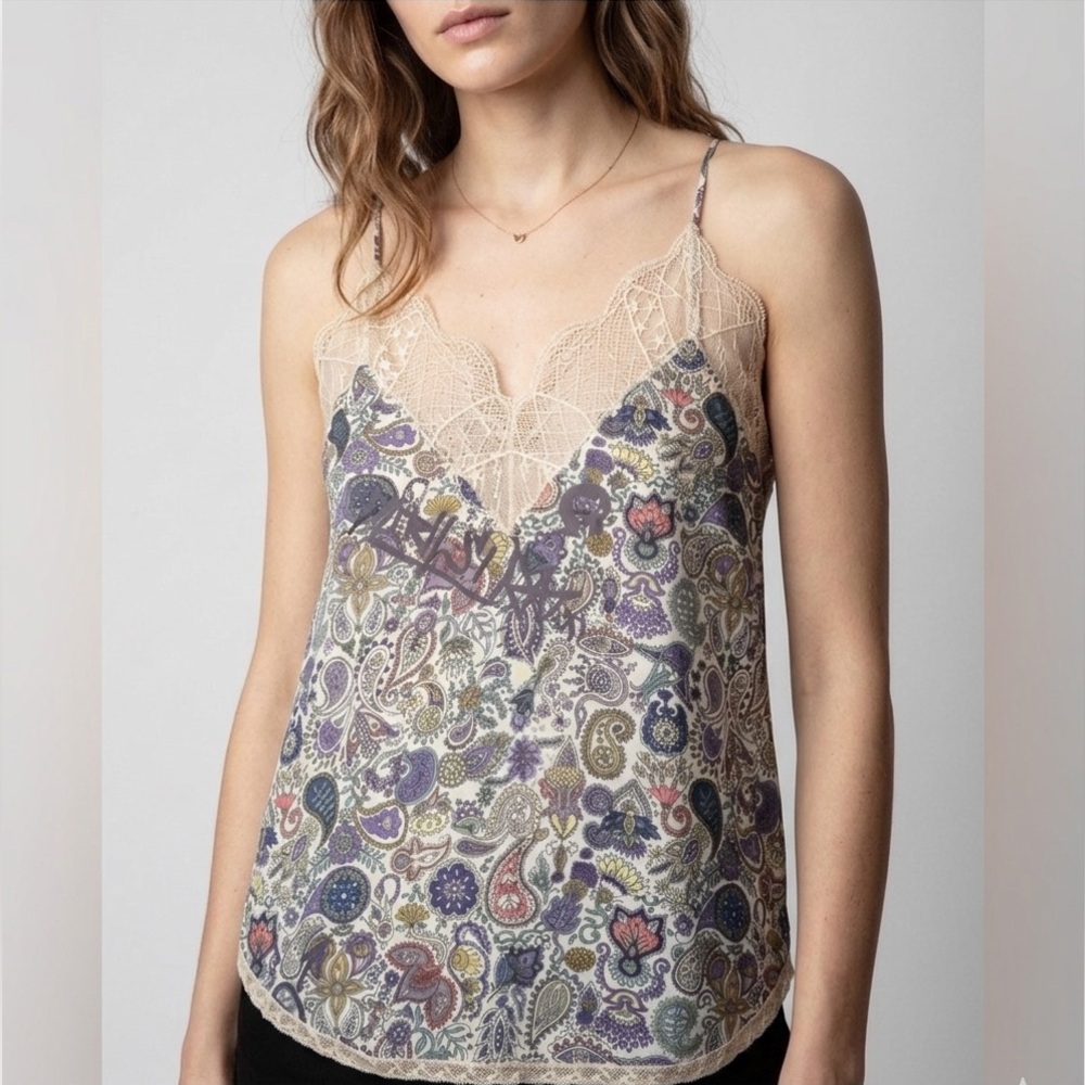Zadig & Voltaire Paisley Silk Lace-Trim Cami in Beige Multi